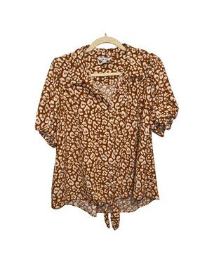 Nine West Womens XL Brown & White Animal Print Button-Down Tie-Front Blouse